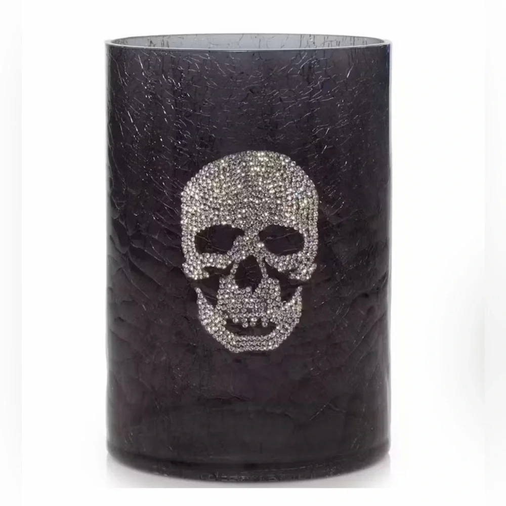 Yankee Candle Crackle Glass Rhinestone Skull Halloween Holder NIB Damaged Box
